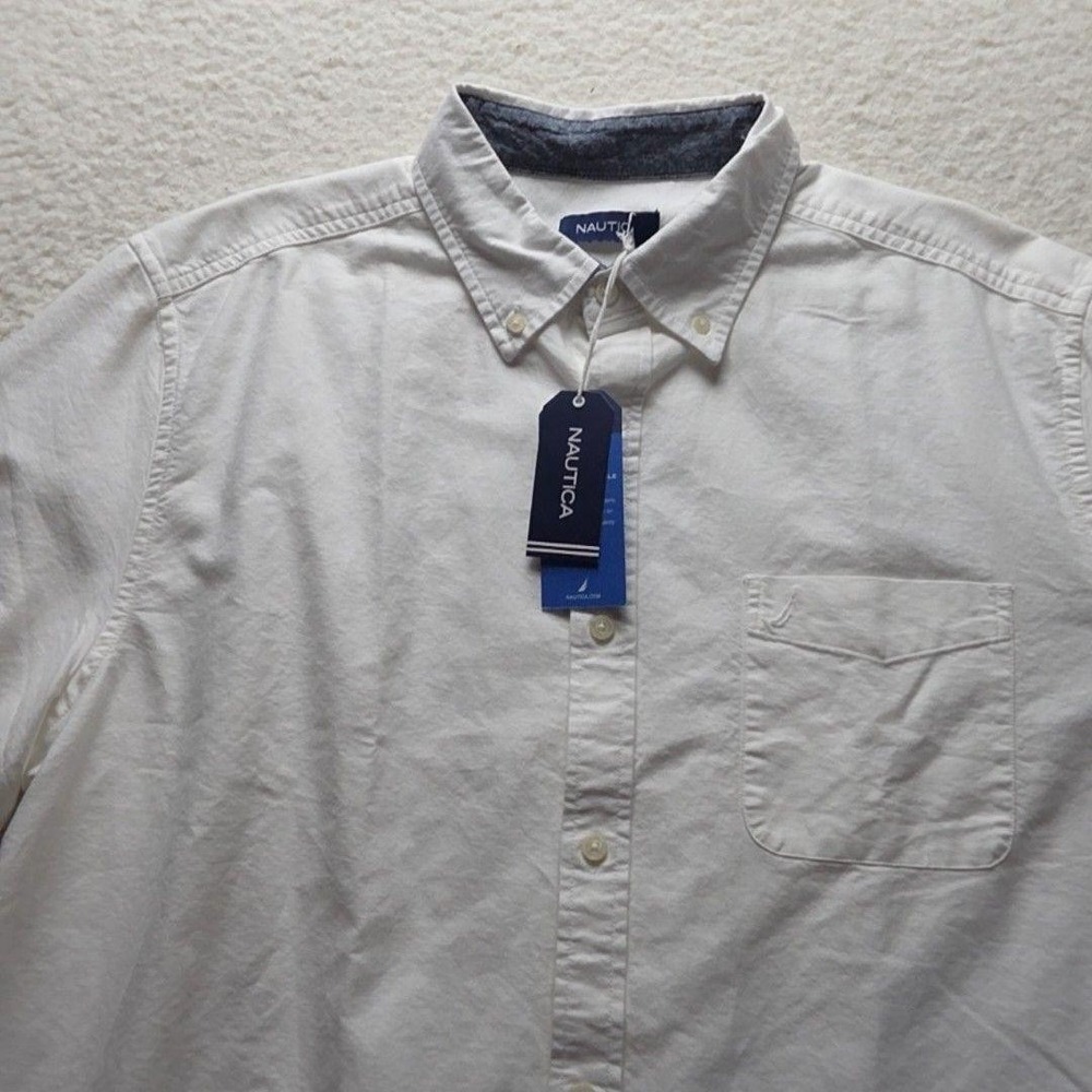 Nautica Shirt Mens XL White Solid Short Sleeve Button-Down Cotton Pocket Casual